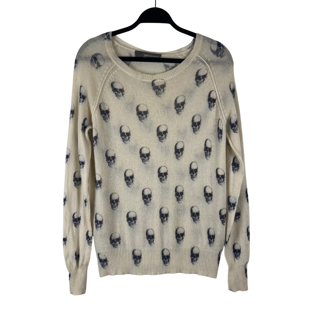 360 Cashmere Skull Print Sweater Cream Charcoal 100% Cashmere Pullover 20166 M